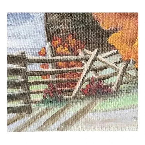 Vintage Mid-Century Painting Fall Autumn Landscape Barn Tree Signed 20x16 in - Picture 7 of 14